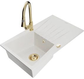 Mexen Cesar, 1-komorový granitový drez 775x470x190 mm a drezová batéria Elia, biela, 6514-20-670101-50
