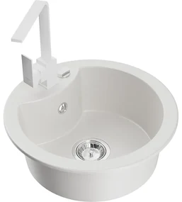 Mexen Diego, 1-komorový granitový drez 488x488x167 mm, chrómový sifón, biela matná batéria Rita, biela, 6512-20-670300-20