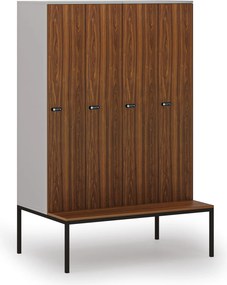 Drevená šatníková skrinka S4 s lavičkou, 4 oddiely, 1871 x 1200 x 500/800 mm, demont, mechanický kódový zámok, sivá/orech