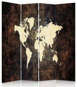 Ozdobný paraván, Mapa světa na tmavých deskách - 145x170 cm, štvordielny, obojstranný paraván 360°