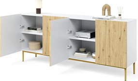 Komoda Nicole 200 cm štvordverová - Biely / Dub artisan / zlote nozki