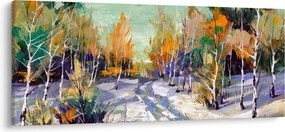 Obraz - Zasnežená cesta lesom, olejomaľba (120x50 cm)