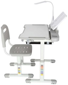 KIK Detský písací stôl so zásuvkou + stolička a lampa, šedá súprava pre deti