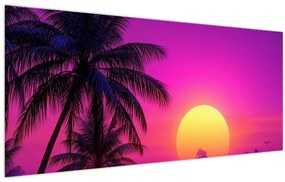 Obraz - Fialový západ s palmou (120x50 cm)