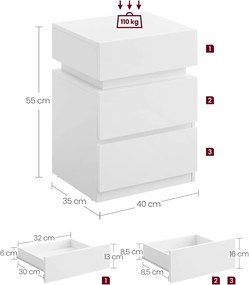 VASAGLE Nočný stolík s LED svetlom biely