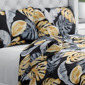 Biante Bavlnené posteľné obliečky Sandra SA-228 Sivé a zlaté tropické listy na čiernom Jednolôžko 140x200 a 70x90 cm