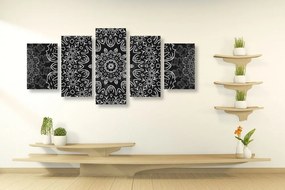 5-dielny obraz Mandala s abstraktným vzorom v čiernobielom prevedení - 200x100