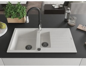 Mexen Matias, 1,5-komorový granitový drez 900x505x200 mm a drezová batéria Savita, biela, 6502-20-672601-70
