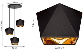 Závesné svietidlo DIAMOND GOLD, 3x čierne/zlaté textilné tienidlo, O