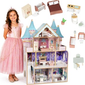 Drevený domček pre bábiky – zámok Bella, 4 poschodia, 5 miestností, 15 kusov nábytku, ECOTOYS