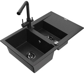 Mexen Gaspar, granitový drez 737x475x177 mm, 1,5-komorový, čierna batéria Duero, čierna-strieborná metalíza, 6507-73-671600-70-B