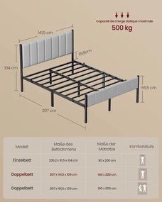 Kovová manželská posteľ 140 cm RMB974G01 sivá