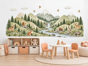 Horská rieka a zvieratká akvarelové detské nálepky za posteľ na stenu hárok 46 x 21 cm