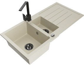 Mexen Andres, granitový drez 1000x500x200 mm, 1,5-komorový, béžová s čiernym sifónom a čierna drezová batéria Rita, 6515-69-670300-70