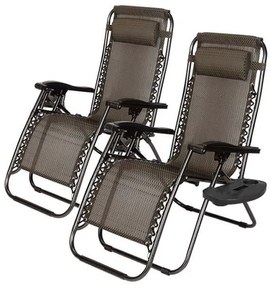 Záhradné ležadlo zero gravity s držiakom na pohár, 2 ks- hnedé