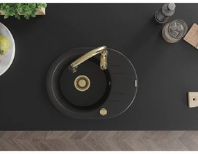 Mexen Kevin, granitový drez 586x458x190 mm, 1-komorový a drezová batéria Savita, čierna, 6517-77-672601-50