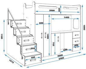 Vyvýšená poschodová posteľ MAX 4 - 200x80cm - Biela - Grafitová