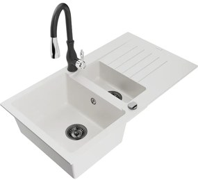 Mexen Matias, 1,5-komorový granitový drez 900x505x200 mm a drezová batéria Savita, biela, 6502-20-672601-70