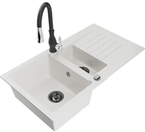 Mexen Matias, 1,5-komorový granitový drez 900x505x200 mm a drezová batéria Savita, biela, 6502-20-672601-70