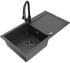 Mexen Leo, 1-komorový granitový drez 900x500x190 mm a drezová batéria Elia, čierna škvrnitá, 6501-76-670101-70-B