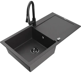 Mexen Leo, 1-komorový granitový drez 900x500x190 mm a drezová batéria Elia, čierna škvrnitá, 6501-76-670101-70-B