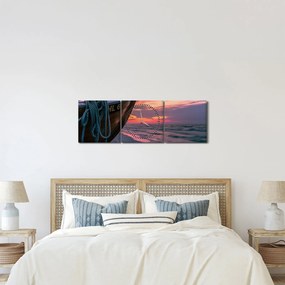 Obraz loďky na brehu (s hodinami) (90x30 cm)