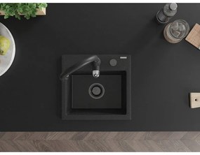 Mexen Milo, 1-komorový granitový drez 435x410x171 mm a drezová batéria Savita, čierna-strieborná metalíza, 6505-73-672601-70-B