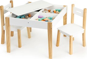 Detský stôl s 2 stoličkami ECOTOYS – skandinávska súprava s úložným priestorom a tabuľou