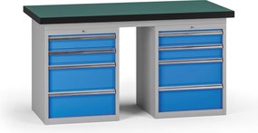 Pracovný stôl do dielne G8, 1500 x 750 x 800 mm, 2x kontejner, 8 zásuviek, modrá