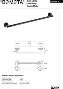 Bemeta Design DARK: Držiak uterákov, 450 mm - 104204020
