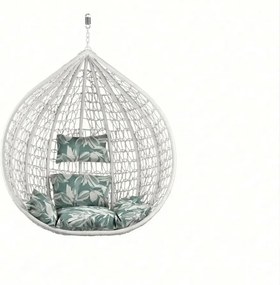 Biele závesné kreslo KOKON bez stojanu, zeleno-biely vankúš