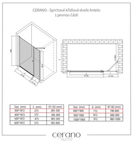 Cerano Antelo, 1-krídlové sprchové dvere s pevnou časťou 80(dvere) x 30(stena) x 190 cm, 6mm číre sklo, čierny profil, CER-CER-435698