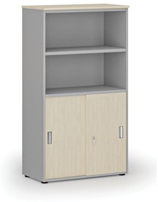 Kombinovaná kancelárska skriňa PRIMO GRAY, zasúvacie dvere na 2 poschodia, 1434 x 800 x 420 mm, sivá/buk