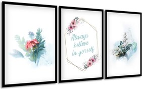 Gario Sada plagátov Maľované kvety - 3 dielna Farba rámu: Rustikálna, Veľkosť: 99 x 45 cm