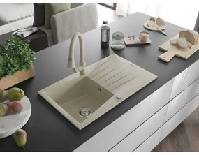Mexen Cesar, 1-komorový granitový drez 775x470x190 mm a drezová batéria Elia, béžová, 6514-69-670101-69