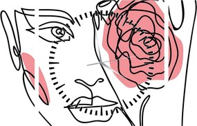 Obraz - Line art tvár s ružou (s hodinami) (90x30 cm)