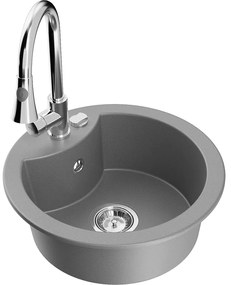 Mexen Diego, 1-komorový granitový drez 488x488x167 mm a drezová batéria Elia, šedá, 6512-71-670101-00