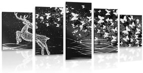 5-dielny obraz nádherný jeleň s motýľmi v čiernobielom prevedení - 100x50