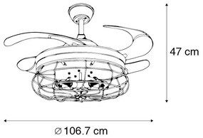 Stropný ventilátor čierny so zaťahovacími lopatkami 107 cm 5-svetiel s diaľkovým ovládaním - Gaiola