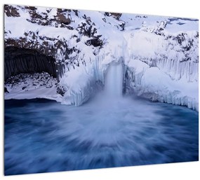 Sklenený obraz vodopádu v zime (70x50 cm)