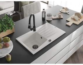 Mexen Cesar, 1-komorový granitový drez 775x470x190 mm a drezová batéria Elia, biela, 6514-20-670101-70