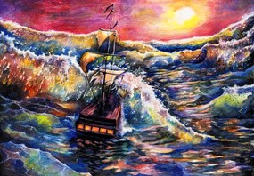 Fototapeta - Loď na oceánskych vlnách, aquarel (147x102 cm)