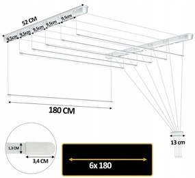 Erga Erga, stropný vešiak na sušenie bielizne 6x180 cm, biela, ERG-SEP-10SUSSUF6PP18