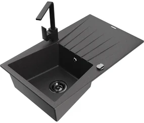 Mexen Cesar, granitový drez 775x470x190 mm, 1-komorový, čierna škvrnitá s čiernym sifónom a čierna drezová batéria Rita, 6514-76-670300-70-B