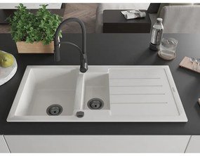 Mexen Andres, 1,5-komorový granitový drez 1000x500x200 mm a drezová batéria Aster, biela, 6515-20-73450-70-B