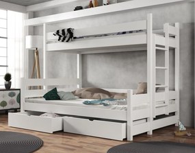Detská poschodová posteľ z masívu borovice s rozšíreným spodným lôžkom BERTA so šuplíkmi - 200x90/140 cm - BIELA