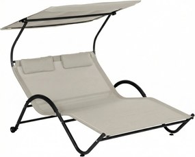 Outsunny dvojmiestne ležadlo s nastaviteľnou strieškou, opierkami hlavy a kolieskami — oceľ/polyester, krémové — 200 x 137 x 138 cm | Aosom