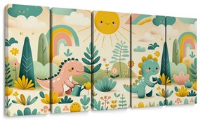 5-dielny obraz veselé dinosaury v dúhovej krajine