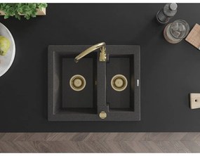 Mexen Carlos, granitový drez 582x475x177 mm, 1,5-komorový, čierna škvrnitá so zlatým sifónom, 6518581500-76-G