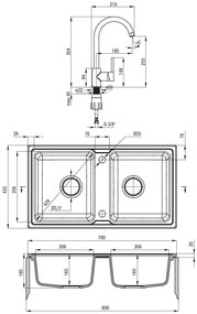 Deante Zorba, granitový drez 780x435x180 mm B/O + priestorovo úsporný sifón, 2-komorový + Nemezja batéria, grafitová, ZQZA2203